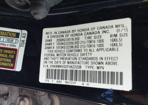 2015 Honda Cr-V Lx from USA, damaged, VIN 2HKRM4H32FH622208